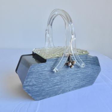 Vintage 1950's Gray and Clear Lucite Box Purse Top Handles Metal Balls Closure Marbleized Pin Up Rockabilly Swing 50's Plastic Handbag 