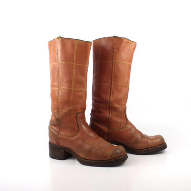 Campus Leather Boots Vintage 1970s Carmel brown Cowboy Wrangler Women's 7 
