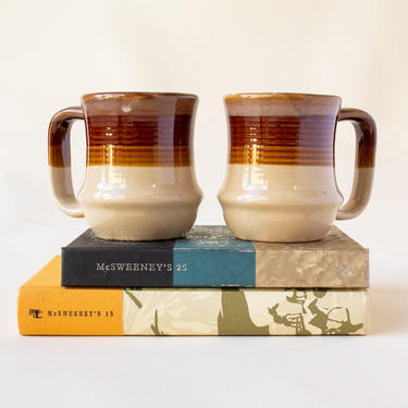 Retro Striped Mugs Set / Pair of 2 Vintage Boho Two Tone Cups / Boho 70s Brown Tan Glazed Ceramic 