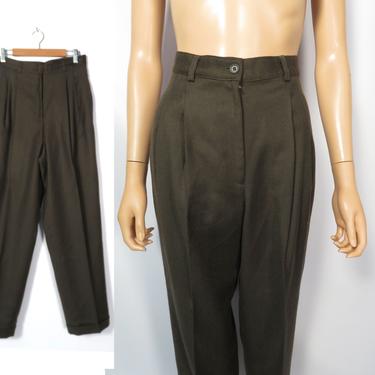 Vintage 80s/90s Dark Earthy Moss Green Classic High Waist Pleat Front Trousers Size 27 Waist 