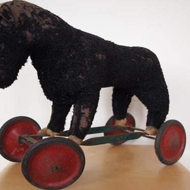Vintage Antique Stuffed HORSE PULL TOY, Steiff, Wheels, Folk Art rustic primitive mid-century modern eames era 