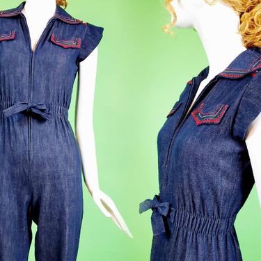 Vintage 70s lightweight denim jumpsuit with festive stitching details. By Vicky Vaughn. (Size S) 