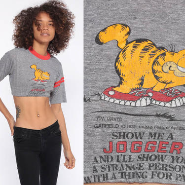 Garfield Jogger Shirt Ringer Cropped Shirt -- 80s Cartoon Cat Jogging Comic 1980s  Ringer Shirt Gray Red Paper Thin Vintage Extra Small xs 
