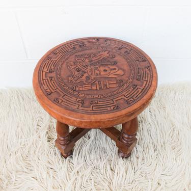 Vintage Peruvian / Mayan Stool With Wood Frame and Carved Leather Seat 