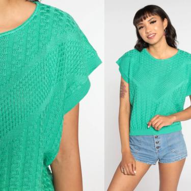 Green Knit Shirt Knit Top Cap Sleeve Sweater Top 80s Knit Shirt Boho Blouse 1980s Plain Retro Sleeveless Medium 