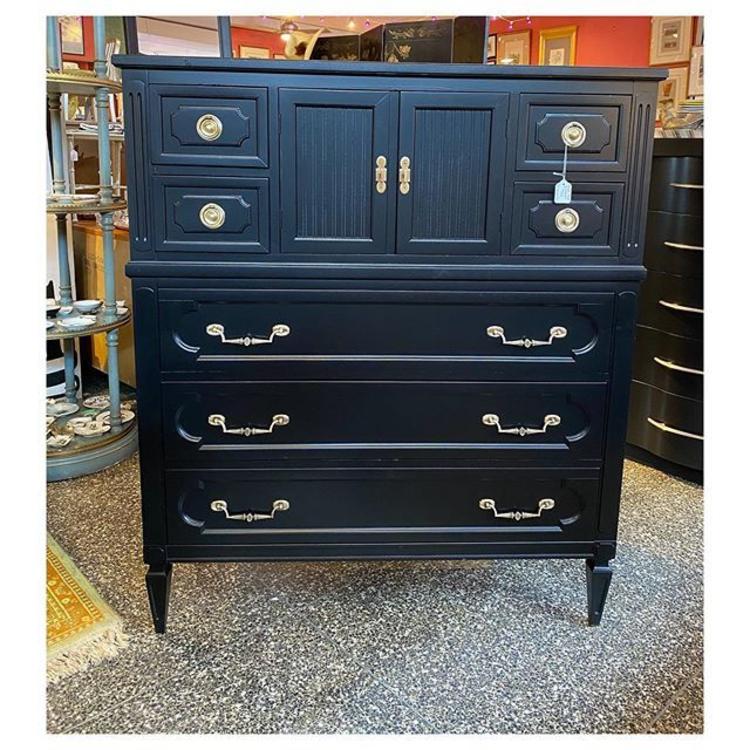 Black painted chest of drawers/ 3 full drawer / 4 small + shelves 43.8” long / 19.2” wide / 51” tall 