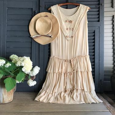 1920s Crepe Lace Dress, Straw Hat, Floral Lace Overlay, Art Deco, Summer, Wedding Dress 