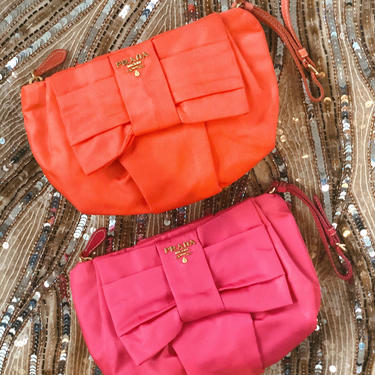 Vintage PRADA Milano Monogram Logo Pink Nylon Bow Wristlet Clutch Evening Bag Purse Handbag by MoonStoneVintageLA
