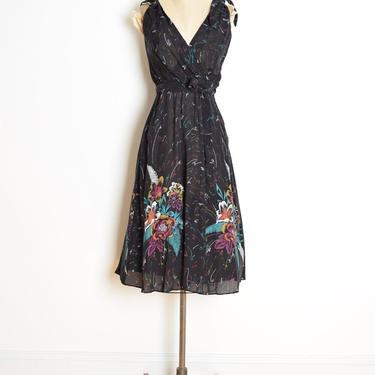 vintage 70s dress sheer black floral border print hippie boho sun dress S clothing 