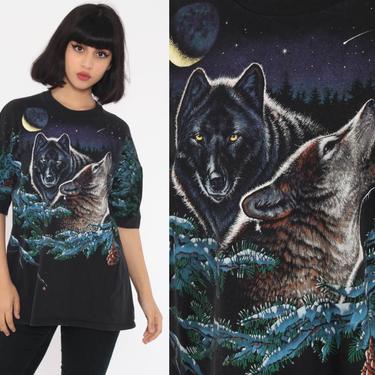Wolf Shirt 80s 90s Animal T Shirt MOON Graphic T Shirt Black Hipster Screen Print 1990s Tee Wolf Pack Large 