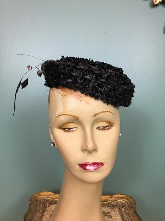 1950s black hat, pillbox hat, vintage hat, gothic hat, winklemans, rhinestones and feathers, mid century, statement, funky hat, rockabilly by BlackLabelVintageWA