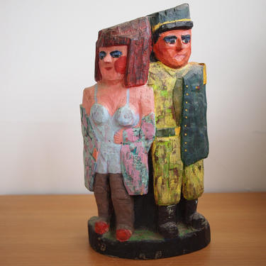 FRED GERBER Hand-Carved Wood SCULPTURE 18&amp;quot; High, Polychrome Man Uniform Officer Woman Couple Portrait Modern Folk Outsider Art Brut eames 