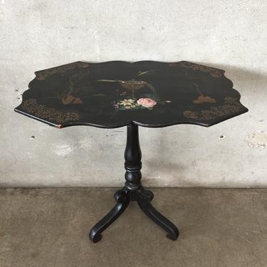 Black Lacquered 1940's Tilt Top Hand Painted Table