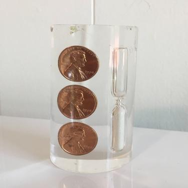Vintage Lucite 3 Minute Timer Telephone Hourglass 1970s Penny Phone Call Egg Clear Copper 