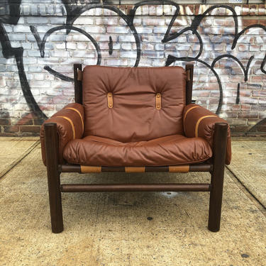 Beautiful Unique Midcentury modern low sling leather safari lounge chair by Bruksbo Norway 