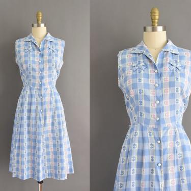 1950s dress - blue plaid print sleeveless day dress - Size Large - 50s vintage dress 