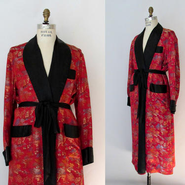 LE SMOKING Vintage 60s Chinese Mens Robe | 1960s Red and Black Asian Brocade Smoking Jacket | 1950s 50s Loungewear, Oriental  | Mens Medium 