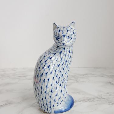 Blue and White Fishnet Style Cat - Porcelain Cat Statue - Cat Figurine by PursuingVintage1