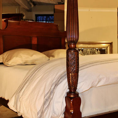 Reeded &amp; Acanthus Carved Tall Post Bed in Spanish Cedar. Queen Size