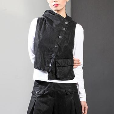 Asymmetric Cropped Leather Look Hooded Vest