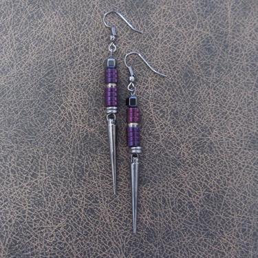 Minimalist earrings, purple geometric earrings, mid century modern earrings, Brutalist gunmetal earrings, simple unique spike earrings 