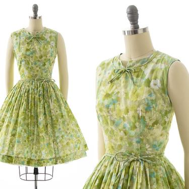 Vintage 1950s 1960s Sundress | 50s 60s Floral Printed Cotton Voile Green Sleeveless Full Skirt Day Dress (small) 