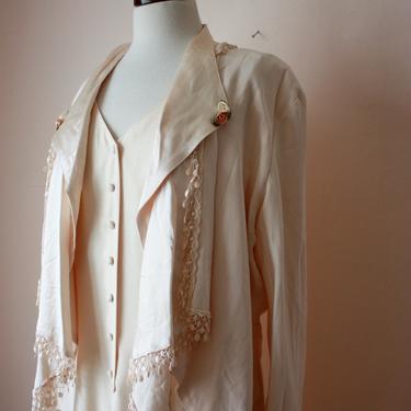 90s Wild Rose Cream Maxi Dress &amp; Blazer Set Rosette Details Romantic Wedding Size M 