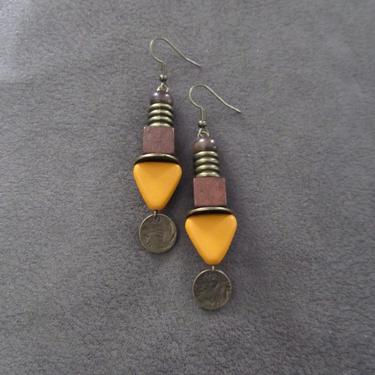 Long wooden earrings, Afrocentric African earrings, bold earrings, statement earrings, geometric earrings, rustic natural earrings, yellow 