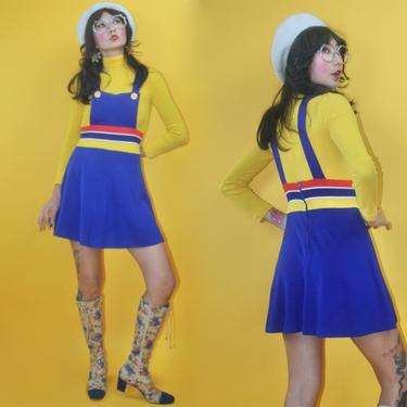 Vintage 1970s JC Penny Fashions Color Block Jumper Micro Skirt/SZ S/70s 60s 1960s MOD Hippie Boho Color Block GoGo Mini Scooter Girl School 