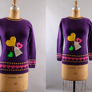 80s Vinyl Puffy Heart Purple Sweater Size Small 
