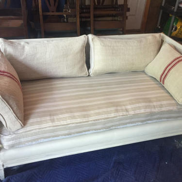 Vintage Henredon Cane Settee, French Style, Restored/Painted, Vintage Fabric &amp; Hemp, Grain Sack Pillows (Alexandria, VA Local Pick Up Only) 