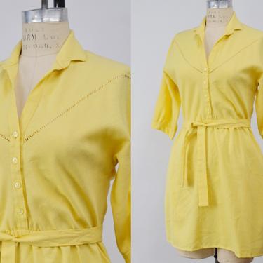 Vintage 1950s David Warren Pale Yellow Day Dress, 50s Cotton Dress, Vintage Batwing Sleeves, Mid Century Mod, Size Sm/Med by Mo
