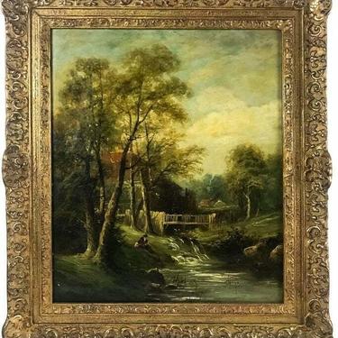 Antique Oil Painting, Figural Landscape River Scene, Framed 1800's, Gorgeous!!