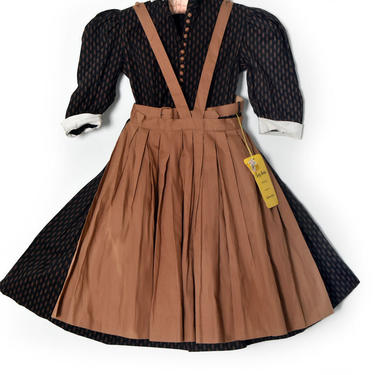vtg Little Girls Dress &amp; Apron, NEW OLD STOCK Never used, Brown Black Full Skirt Petticoat, Vintage Party Dress, 1950's 