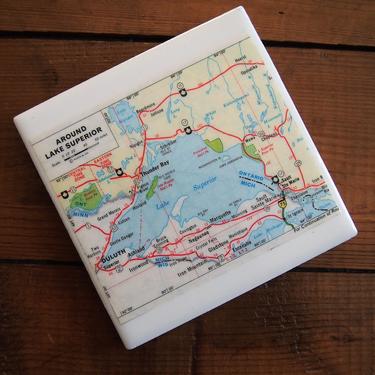 1988 Lake Superior Map Coaster. Great Lakes Map. Vintage Rand McNally. Lake Superior Gift. Great Lakes Gift. Michigan UP. Sault Ste Marie. 