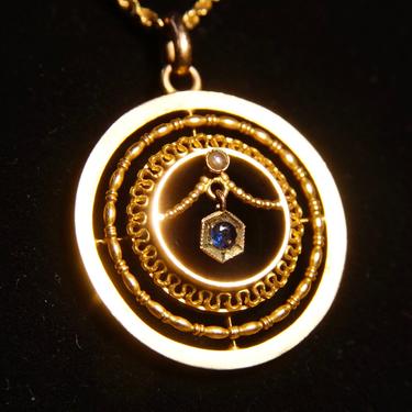 Antique 10K Gold Sapphire Pearl Seed Lavalier Pendant, 1 1/4&quot; L 