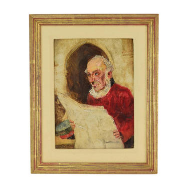 Vintage Oil Painting Portrait of Older English Man Chelsea Pensioner Reading Newspaper 