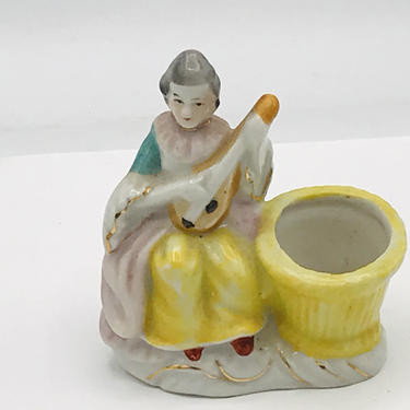 1940's ceramic occupied Japan Victorian lady woman mandolin basket toothpick holder miniature vase figurine 