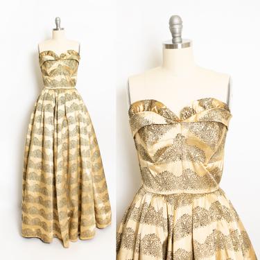 Vintage 1950s Gown Gold Silk Sating Embroidered Full Length Strapless Dress 40s Small S 