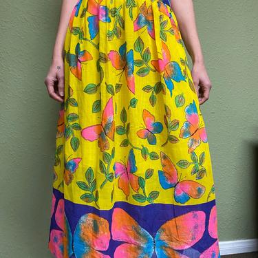 70s ELLEN TRACY Butterfly skirt bright colored spring wrap skirt bright yellow pink green purple color floral festival dress 