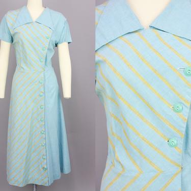 1940s Pattern Block Day Dress | Vintage 40s Cotton Dress with Asymmetrical Closure | large xl 