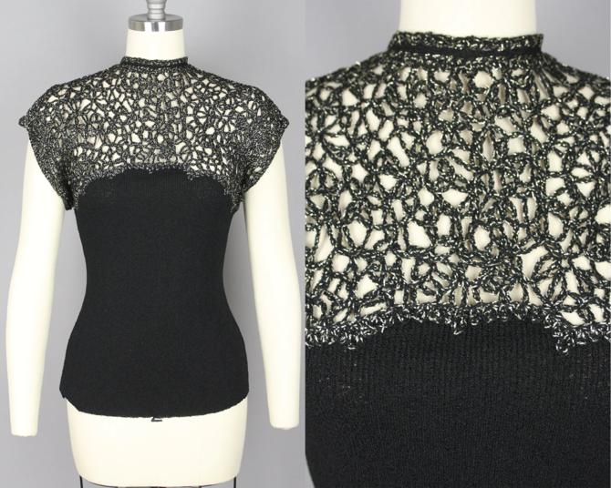 1940s Black &amp; Silver Knit Top · Vintage 40s Openwork Scallop Edge Sweater · Small 