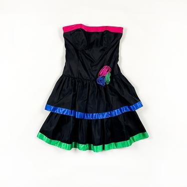1980s Black with Jewel Tone Details Sleeveless Party Dress / Rosettes / Cocktail / Size 10 / Tiered Skirt / Ruffle / M / Ribbon / Full Skirt 