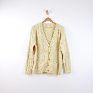 Vintage Cable Beige Irish Wool Grandpa Sweater with Elbow Patches, Leather Buttons,  Large 