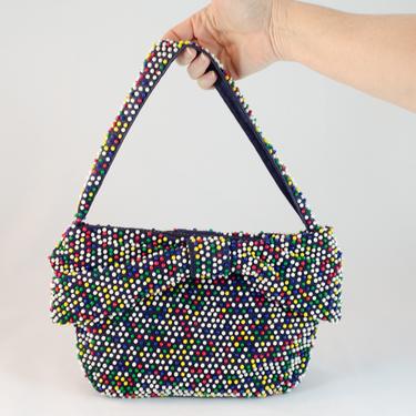 1930s / 1940s Vintage Purse - Navy Blue Base with Multicolored Dotted  Handbag with Wide Bow 