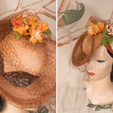 1940s Hat - Dramatic Straw Tilt with Chocolate Grosgrain Trim and Autumn Millinery Flowers, Finished with Floating Veil 