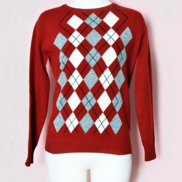 Vintage Red Cashmere Argyle Sweater PRINGLE - Like NEW - Medium, 1950's, 1960's Scotland Pull Over 