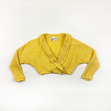 1930s 1940s Tish U Knit Pastel Yellow Textured Knit Cropped Cardigan / Cotton / Waffle / Small / Pin Up / VLV / Small / Petite / Fishnet 