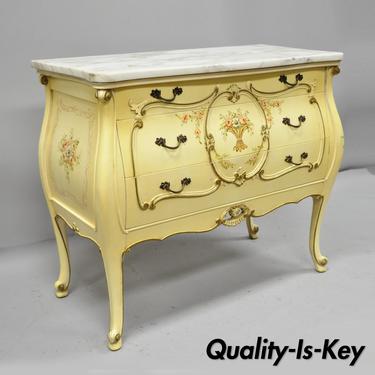 Vtg Cream Floral Painted Marble Top Louis XV French Style Bombe Commode Chest