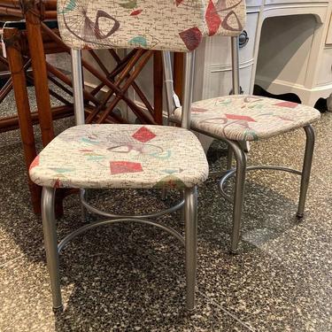 Groovy mid century fabric covered kids chairs. 14.5” x 14” x 28” Seat height 14”
